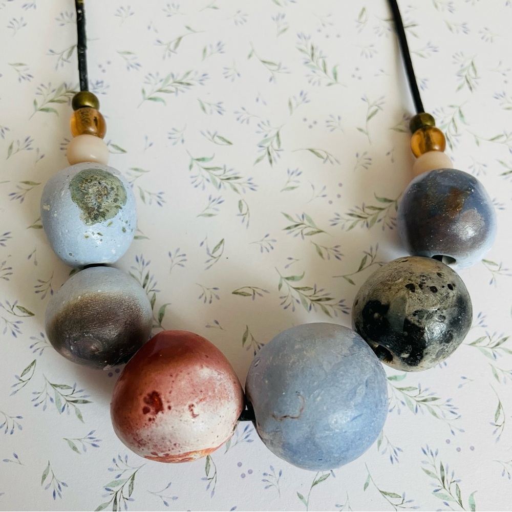 Handmade Artisan Multicolor Ceramic Bead Chunky Necklace 18”